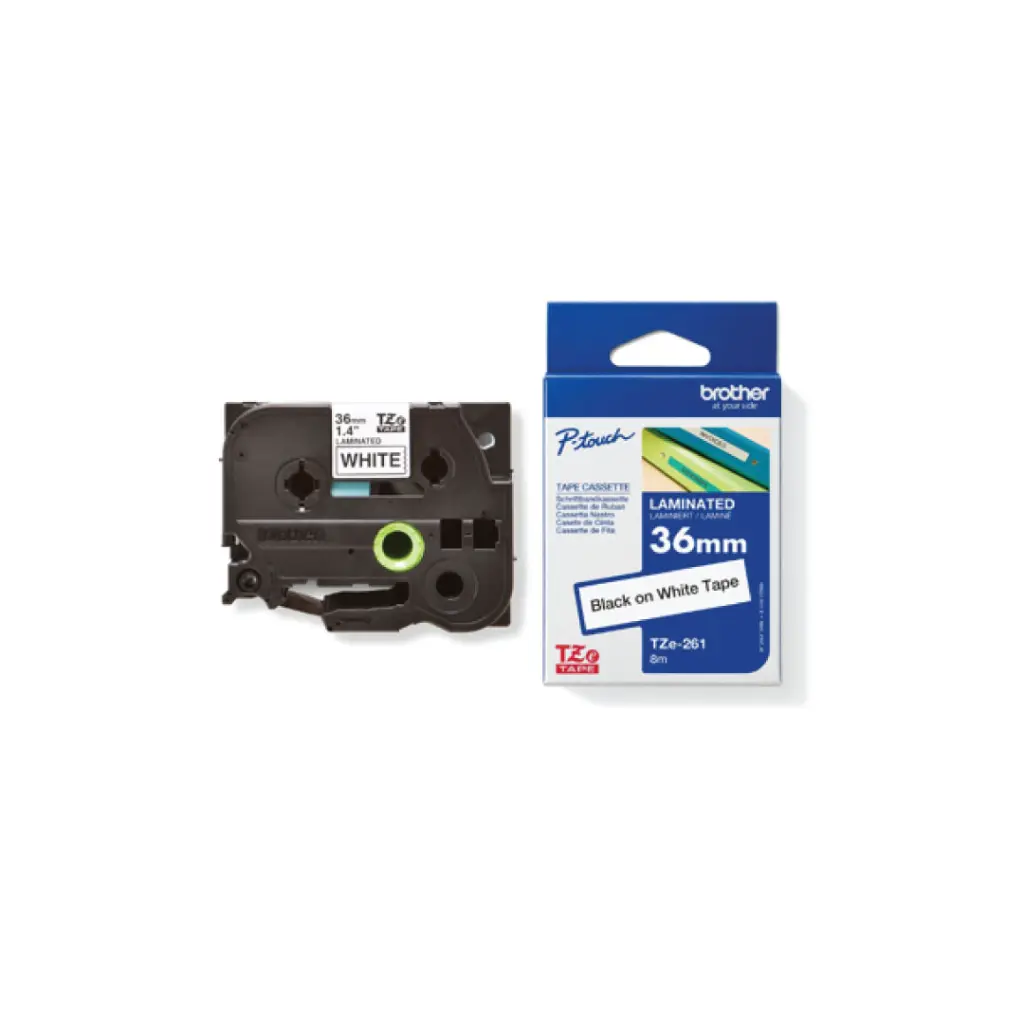 Brother เทปพิมพ์อักษรแบบเคลือบพลาสติก สีดำพื้นขาว 36 mm. TZE-261