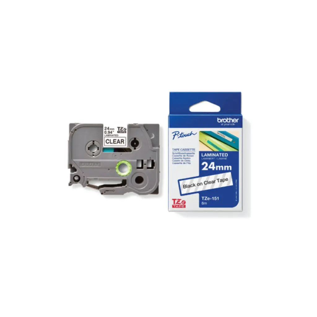 Brother เทปพิมพ์อักษรแบบเคลือบพลาสติก สีดำพื้นใส 24 mm. TZE-151