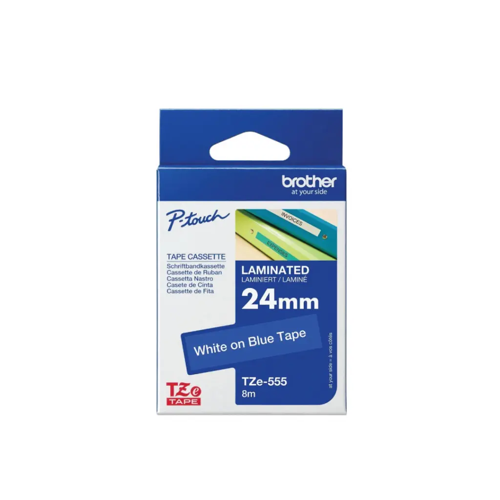 Brother เทปพิมพ์อักษรแบบยืดหยุ่น เคลือบพลาสติก สีขาวพื้นน้ำเงิน 24 mm. TZE-555