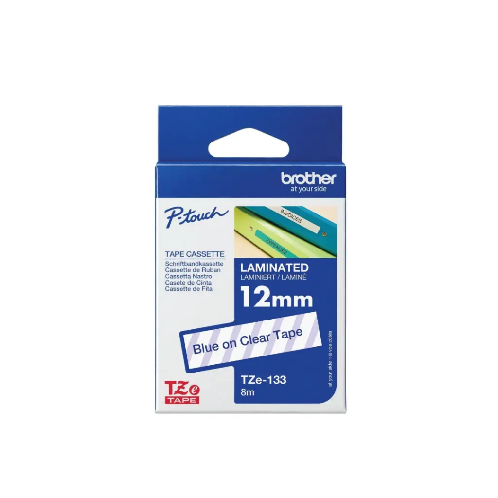 Brother เทปพิมพ์อักษรแบบเคลือบพลาสติก สีน้ำเงินพื้นใส 12 mm. TZE-133