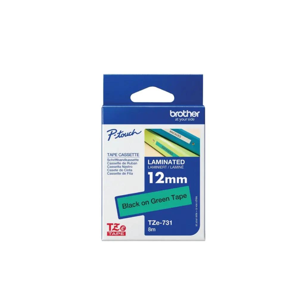 Brother เทปพิมพ์อักษรแบบเคลือบพลาสติก สีดำพื้นเขียว 12 mm. TZE-731