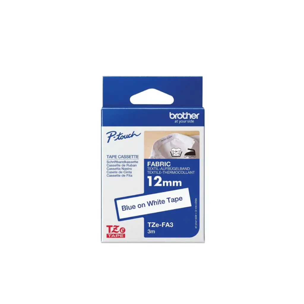 Brother เทปพิมพ์อักษรแบบไม่เคลือบพลาสติก สีน้ำเงินพื้นขาว 12 mm. TZE-FA3