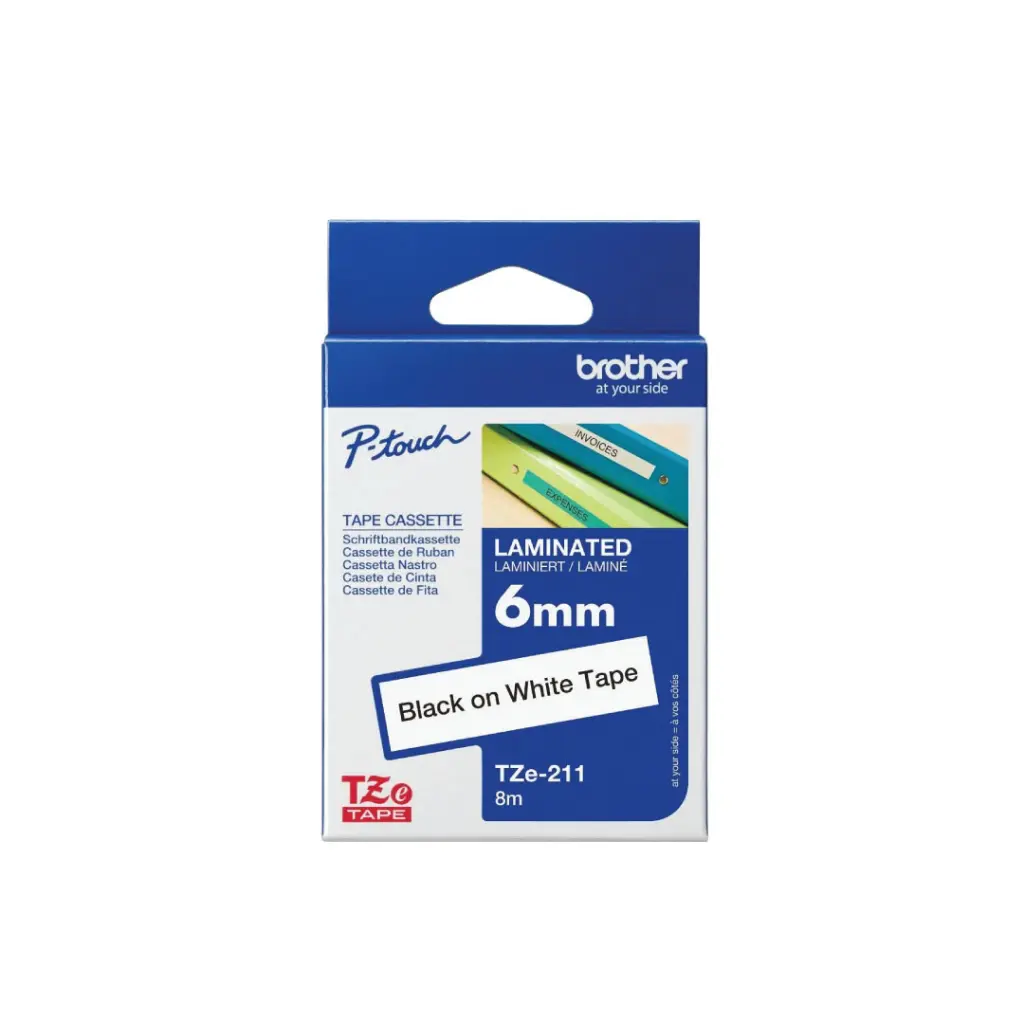 Brother เทปพิมพ์อักษรแบบเคลือบพลาสติก สีดำพื้นขาว 6 mm. TZE-211
