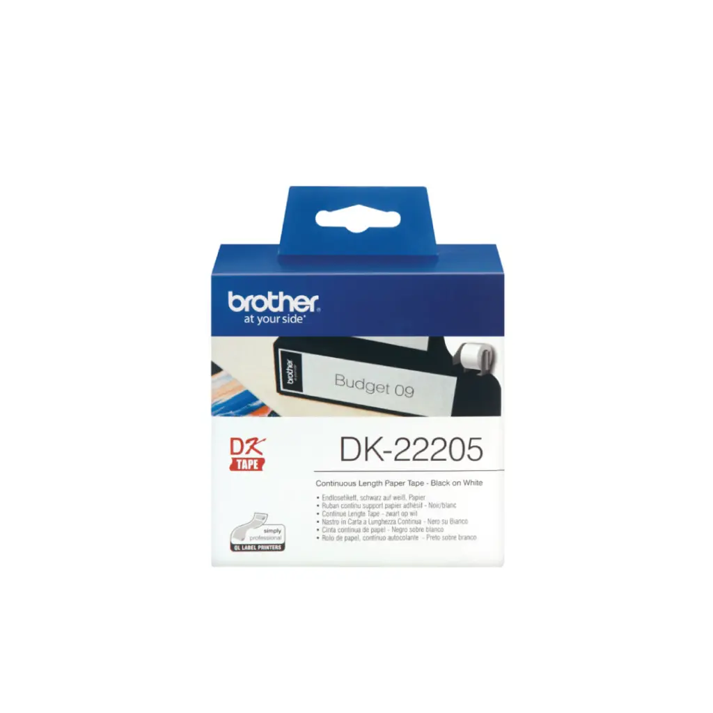 Brother เทปพิมพ์กระดาษแบบต่อเนื่อง สีดำพื้นขาว 62 mm. DK-22205