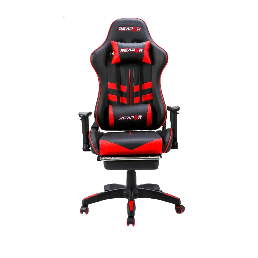 Deli เก้าอี้เกมส์มิ่ง รุ่น REAPER สีแดงสลับดำ เบาะฟองน้ำที่คืนรูปดีหนา 2 ชั้นหุ้มด้วยหนัง PVC และ Fiber ให้ความทนทานต่อการซึมของน้ำ นุ่มสบายต่อศรีษะ รุ่น E4521