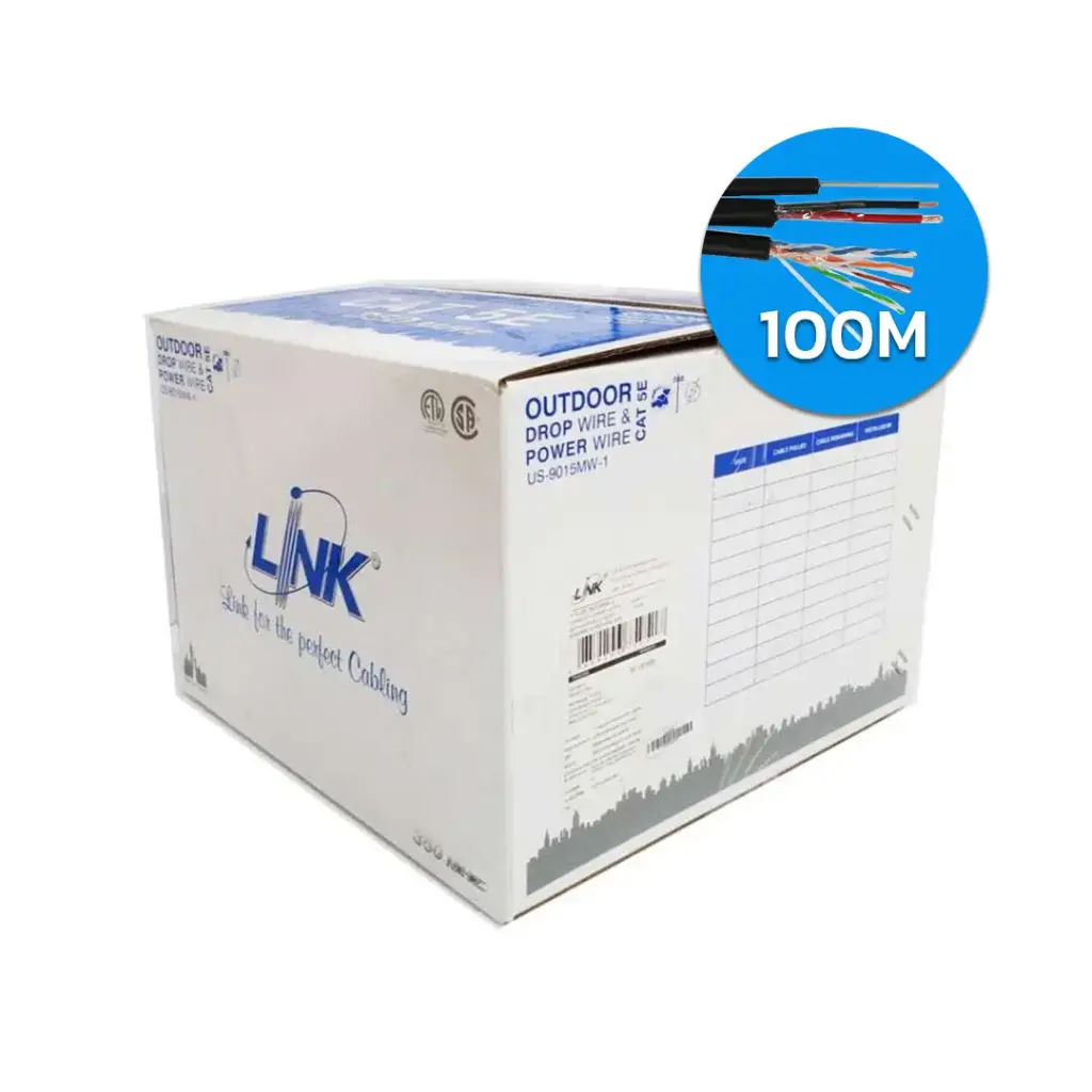 LINK สาย LAN CAT5E UTP , PE Outdoor w/Drop Wire & w/Power Wire (350 MHz), Black (100 M) รุ่น US-9015MW-1